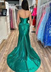 Donna | Mermaid Strapless Emerald Green and Blue Corset Prom Dress Split with Train - Emerald Green - PromDressClub